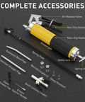 Workhorse Heavy Duty Grease Gun Kit with hose, nozzle, couplers, extension pipes, trigger, and locking mechanism on display