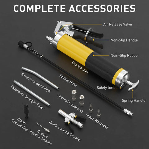 Workhorse Heavy Duty Grease Gun Kit with hose, nozzle, couplers, extension pipes, trigger, and locking mechanism on display