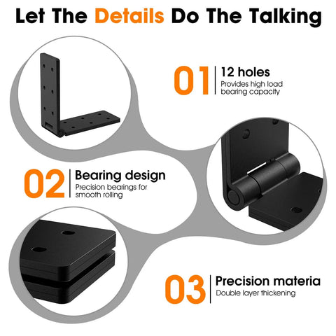 Diagram showing 270 Degree Outdoor Gate Hinges Set Of Four Heavy Duty Hinges features: 12 holes, precision bearings, thick iron material.