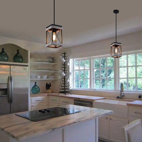Rustic Farmhouse Wood Pendant Light With Metal Cage Shade One Light Adjustable Rods For Kitchen Island Cafe Bar Lighting In Antique Gold And Black Chic Finish in a modern kitchen setting