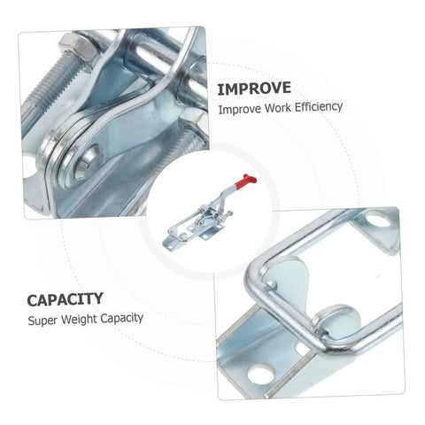 Close-up of Super Tough Two Pack Heavy Duty Toggle Latch Clamps With Galvanized Iron Build and Massive 2183 Pound Holding Power.