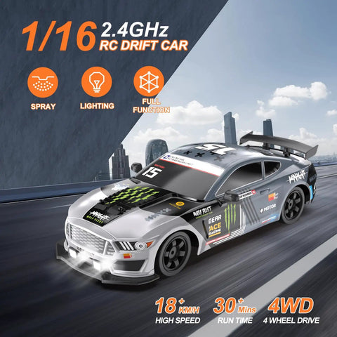 One Sixteenth Scale RC Drift Car With 4WD Power, Beast Speed At 18 Plus KmH, LED Lights And Spray FX on urban track