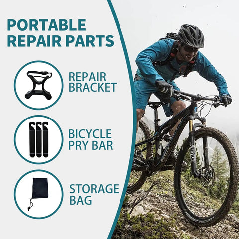 Cyclist with Six Piece Portable Bike Repair Stand Kit For Bicycles And E Bikes On The Go With Two Maintenance Brackets Three Pry Bars