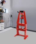 6 Ton Hydraulic A Frame Shop Press Heavy Duty Adjustable Garage Heavy Lifter Built Like A Tank With No Sweat Adjustments For Real World Auto Repair Metal Forming Jobs In Classic Red in workshop setting with tools