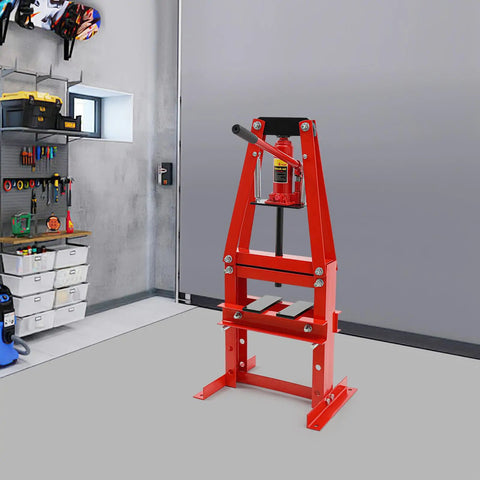 6 Ton Hydraulic A Frame Shop Press Heavy Duty Adjustable Garage Heavy Lifter Built Like A Tank With No Sweat Adjustments For Real World Auto Repair Metal Forming Jobs In Classic Red in workshop setting with tools