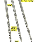 Badass Three Piece Number Six Tapered Drill Bits Provide Knockout Countersinking Results With Standard Double Flute Design And Heavy Duty Round Shank To Make Your Next Woodworking Project A Breeze. Three 9/64 inch tapered drill bits view.