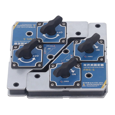 Welding magnets 2-pack, blue dual-switch magnetic holders with 28 kg pull, front view