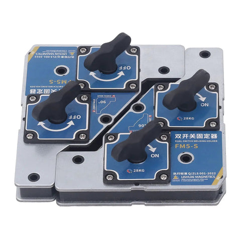 Heavy Duty Welding Magnet Holder with Dual Switch Design For Precise 90 Degree Angle Support And Reliable Fixing Up To 28kg Pull Force showing switches and metal casing.
