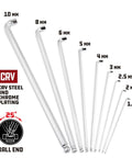 Gnarly Stubby Long Arm Ball End Hex Key Set 9 Piece Metric Allen Wrench Kit with sizes 1.5 to 10 mm in CRV steel with chrome plating