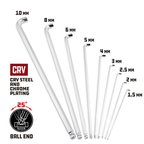 Gnarly Stubby Long Arm Ball End Hex Key Set 9 Piece Metric Allen Wrench Kit with sizes 1.5 to 10 mm in CRV steel with chrome plating