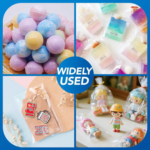Straight Up Solid Heavy Duty Heat Shrink Wrap Bags 500 Pack 4x6 Inch Clear Film for packaging bath bombs and small toys.