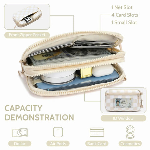 Open Women's RFID Blocking Crossbody Wristlet Wallet With Four Zippers showing card slots, ID window, and beige checkered design.