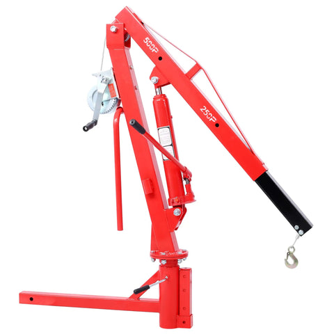 Heavy Duty 500 Lb Hitch Mounted Hydraulic Engine Hoist Portable Jib Crane For Pickup Trucks, red with adjustable boom and lifting hook.