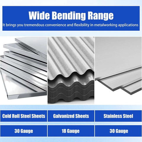 Wide bending range of 12 Inch Sheet Metal Bender with dual folding depths; cold roll, galvanized, stainless steel sheets displayed.