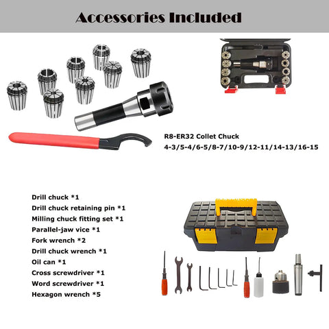 R8-ER32 Collet Chuck accessories including drill chuck, wrenches, screwdriver, suitable for Built Like A Boss Benchtop Milling Machine.