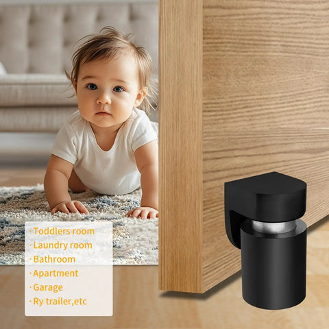 Magnetic Door Stopper And Holder For Secure Doors Under Two And A Half Inches Heavy Duty Stainless Steel Anti Rust Stops Slams And Keeps Doors From Slamming Steady And Reliable For Home And Office Black Finish 1 Pack shown installed on wooden door with child nearby.