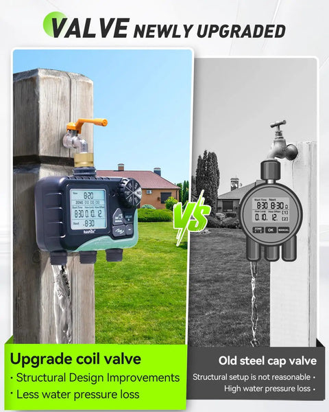 3 Zone Sprinkler Timer With Brass Inlet And IP65 Waterproof Housing Hose Timer showcasing upgraded valve vs. old valve.
