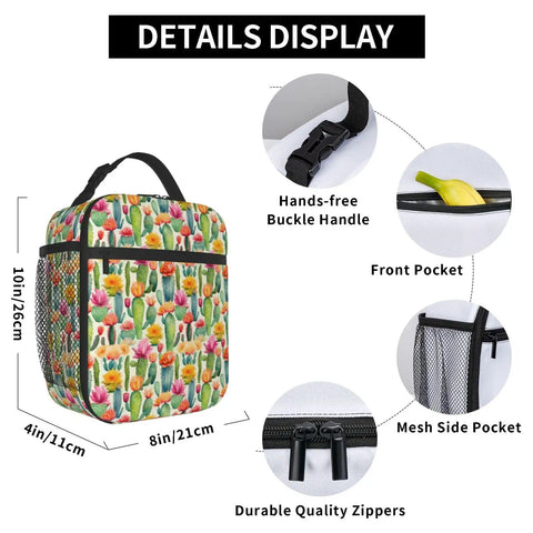 Desert Cactus Floral Insulated Lunch Tote for Office, Picnic and Camping with mesh side pocket and buckle handle