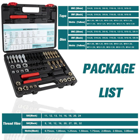 Workhorse 49-Piece Thread Chaser Set With UNC UNF And Metric Taps Dies And Files in open black carrying case