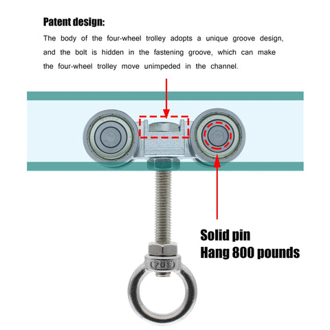 Four Wheel Trolley Assembly With Super Silent Pulley And M10 Bolt Plus Lifting Eye Nut For Use With One And Five Eighths Inch Wide And Taller Strut Channels Pack Of Two Heavy Duty Construction For Versatile Industrial Use And Smooth Quiet Operation image showing bolt and eye nut assembly.