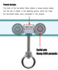 Cross-section view of Four Wheel Trolley Assembly With Silent Pulley For One And Five Eighths Inch Wide And Taller Strut Channel