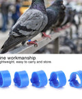 Pigeon wearing a blue 10mm leg ring on a rail, showcasing 200 Pcs 10mm Pigeon Leg Clip Rings for Poultry Foot Identification.