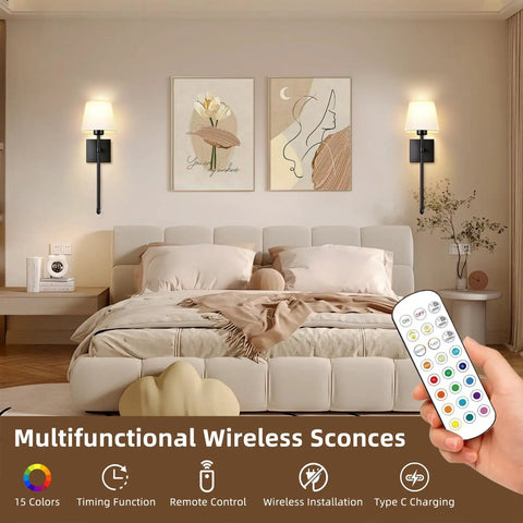 Set Of 2 Battery Powered Wall Sconces No Wiring Needed With Black Fabric Shade Remote Control Dimmable RGB Color Changing