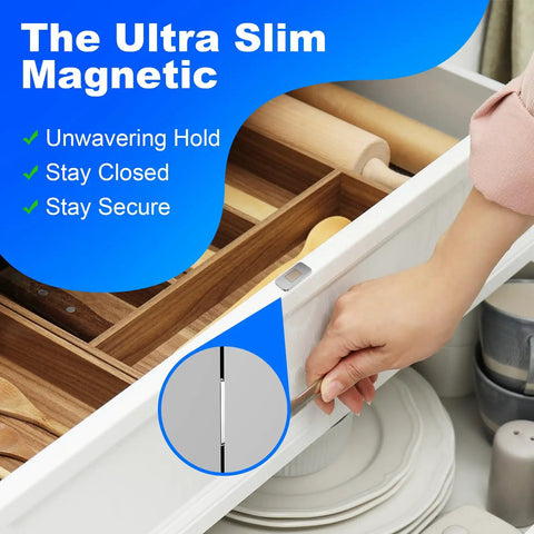 Person using Adhesive Magnetic Cabinet Catch No Drill With Stainless Steel Drawer Magnets And Strong Hold For Child Safety Lock