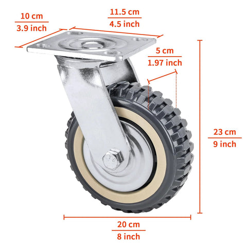 4 Pack 8 Inch Heavy Duty Swivel Caster Wheels, 2 With Brake And 2 Without, 360 Degree Ball Bearing Plate Casters, Anti Skid PU Wheels