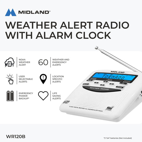 WR120B NOAA Emergency Weather Alert Radio With Localized Programming, Trilingual Display, showing weather alert features.