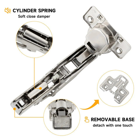 Knockout Durability One Pair 175 Degree Concealed Cabinet Hinges with hydraulic damping and removable base detail.
