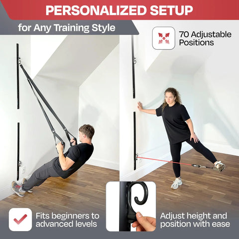 Top Shelf Adjustable Wall Mounted Fitness Anchor System For Heavy Lifts And Full Body Grinds With Brushed Steel Build And Hassle Free Setup For Tight Quarters - Adjustable setup, showcasing two users training with bands.