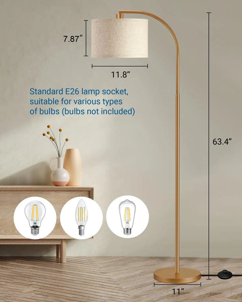 Black Arched Floor Lamp With Linen Drum Shade Tall Industrial Standing Lamp for Living Room with bulb options shown