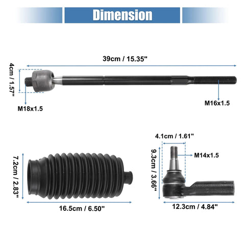 6 Piece Front Inner Outer Tie Rod Ends Kit With Boots For Ram 1500 2013-2018 5-Lug And Ram 1500 Classic 2019-2022 Drag Link Steering Suspension Replacement, dimensions shown