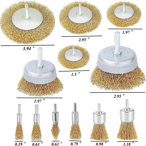 12 Pack Brass Wire Cup Brush Set For Drill Attachment Pro Grade With Coarse Crimped One Quarter Inch Shank Wheel Kit Including Cup, Wheel And End Brushes For Heavy Duty Polishing, Rust Removal, Deburring