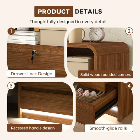 Sleek Nightstand Set Of Two Killer Bedside Table With Built In Charging Station LED Mood Light And Dead Simple Lockable Drawer Makes Your Room Layout A Total Breeze, features drawer lock design, solid wood rounded corners, and recessed handle.