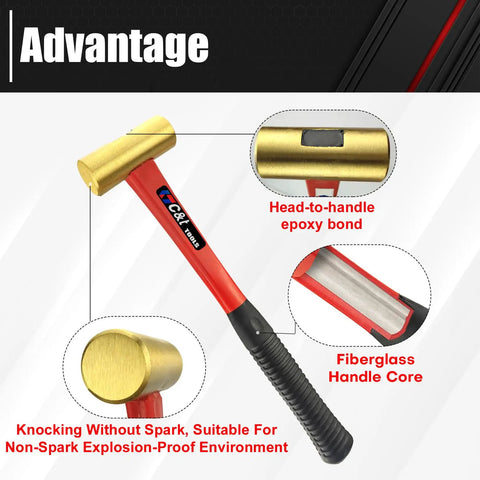 3-Piece Non-Sparking Brass Hammer Set With Jacketed Fiberglass Handles, Includes 16 Oz 24 Oz And 32 Oz Hammers, Non-Marring Surface