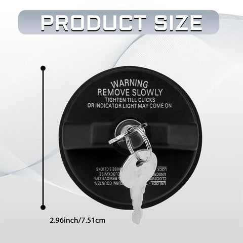 Lockin Gas Cap With Key Replacement For Toyota Tacoma 4Runner Tundra Honda CRV Chevy Silverado GMC Buick Cadillac Infiniti Acura And More, shown in black with key and size measurement
