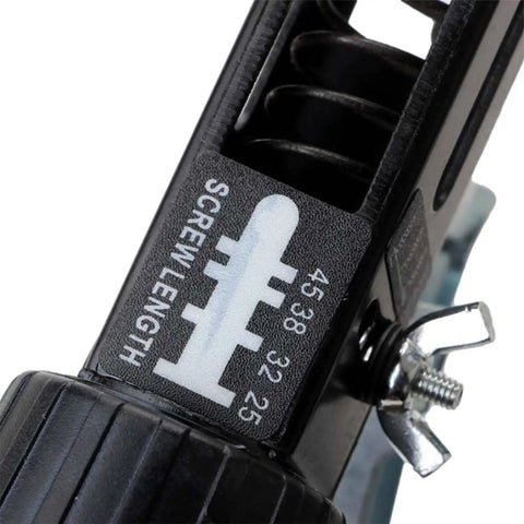 Close-up of Badass Adjustable Automatic Chain Screw Gun Adapter For Drywall And Plasterboard showing screw length setting on a black frame.