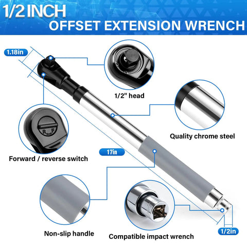 1/2 Inch Offset Extension Wrench Impact Rated Ratchet Adapter For Electric Drill shown with 17in length and non-slip handle.