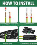 Waterproof Automotive Electrical Connector Kit With 367 Pieces Across 20 Sets Including 1 2 3 4 6 Pin Male And Female Terminals For 22 To 14 AWG Wire Harnesses Plus Crimping Tool With Easy Setup And Quick Connectors install guide showing wire, terminal, pliers, and connector