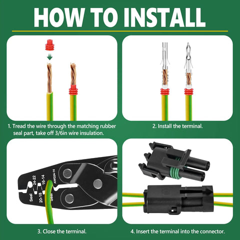 Waterproof Automotive Electrical Connector Kit With 367 Pieces Across 20 Sets Including 1 2 3 4 6 Pin Male And Female Terminals For 22 To 14 AWG Wire Harnesses Plus Crimping Tool With Easy Setup And Quick Connectors install guide showing wire, terminal, pliers, and connector
