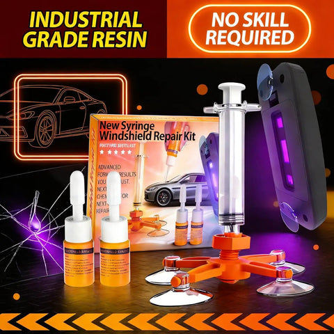 DIY Windshield Chip Repair Kit With Suction Cup And UV Curing Light, 2 Pack Auto Glass Repair Kit displayed with tools and resin