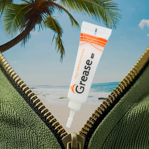 4 Pack Zipper Lubricant Waterproof Wax and Grease for Metal and Plastic Zippers with beach background and palm tree