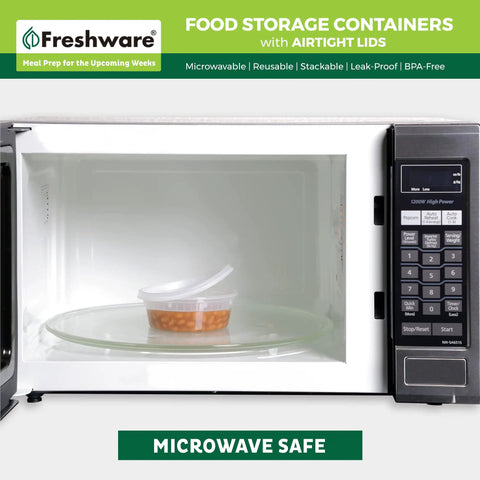 50 Piece 8 Oz Deli Containers With Lids For Meal Prep, Leakproof, BPA Free, in microwave showing microwave safe use