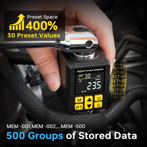 Close-up of Half Inch Drive Digital Torque Adapter With Color Display And Alerts 1 Percent Accuracy 12.5 To 250 FtLb Range