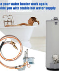 Pilot assembly replacement kit for natural gas water heater; copper tubing with brass fittings and mounting hardware beside a tall grey tank.