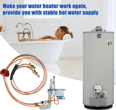 Pilot assembly replacement kit for natural gas water heater; copper tubing with brass fittings and mounting hardware beside a tall grey tank.