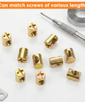 10 Pack M6 Barrel Nuts with Slotted Cross Dowel for furniture and bed frames next to screwdriver on white background.