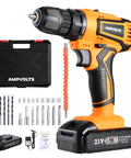 21V Max Cordless Drill Kit With Three Eighths Inch Metal Chuck, Variable Speed 0 To 350 RPM And 0 To 1400 RPM, 25 Plus 1 Clutch, 220 Inch Pounds Torque, 2.0Ah Battery, Includes 24 Piece Accessory Set For Wood Metal Plastic displayed with accessories and carrying case.